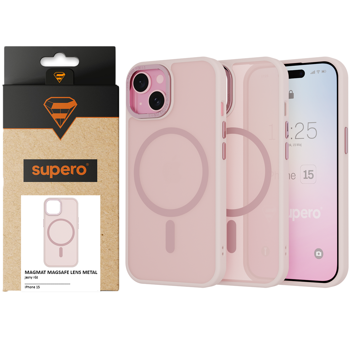 Na obrazie widoczne jest różowe, matowe etui ochronne do iPhone 15 z funkcją MagSafe, obok którego znajduje się opakowanie z logo \'supero\'.