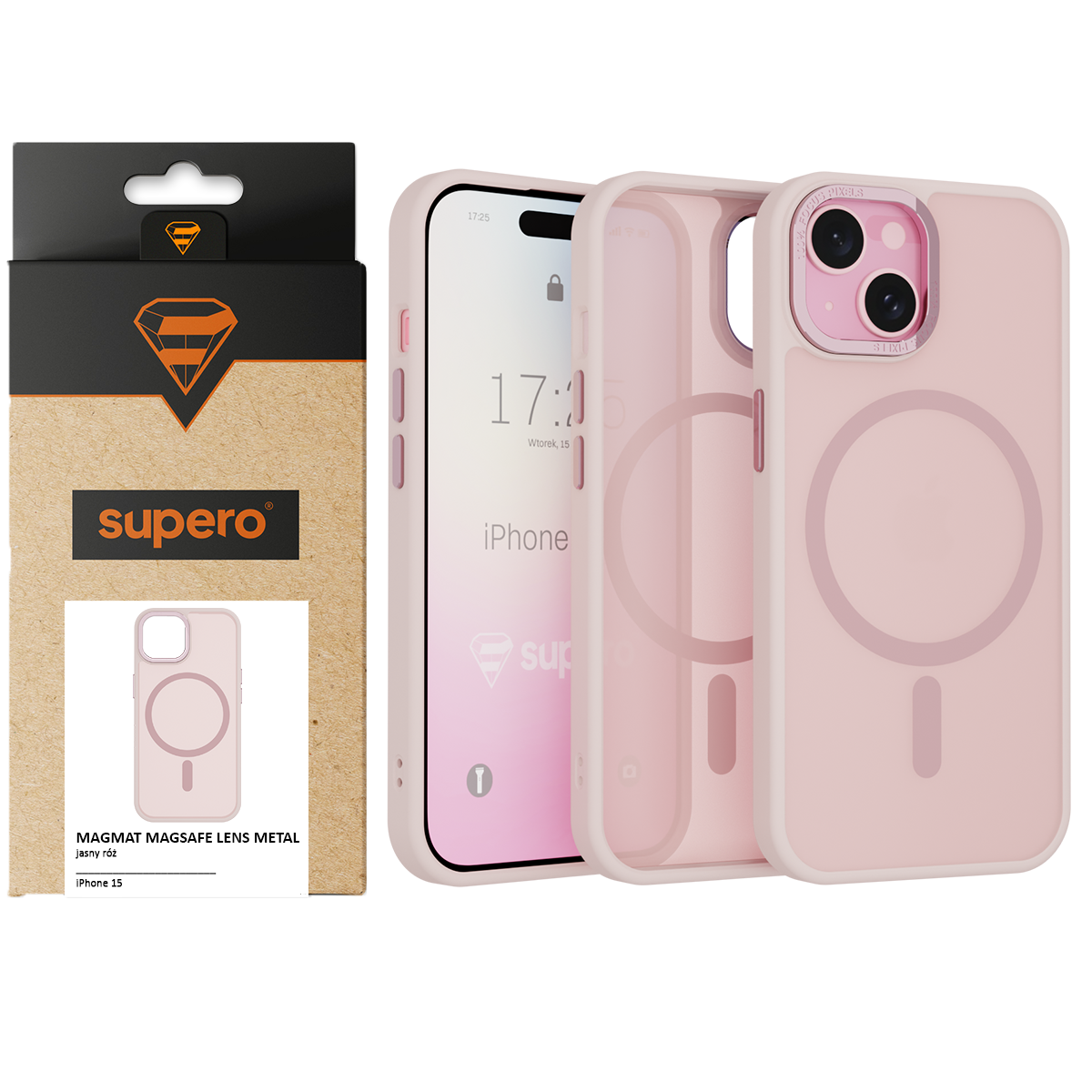 Obraz przedstawia różowe, matowe etui ochronne do iPhone 15 z okrągłym wzorem na środku, kompatybilne z MagSafe. Obok etui znajduje się opakowanie z logo \'supero\' i napisem \'MAGMAT MAGSAFE LENS METAL jasny róż iPhone 15\'.