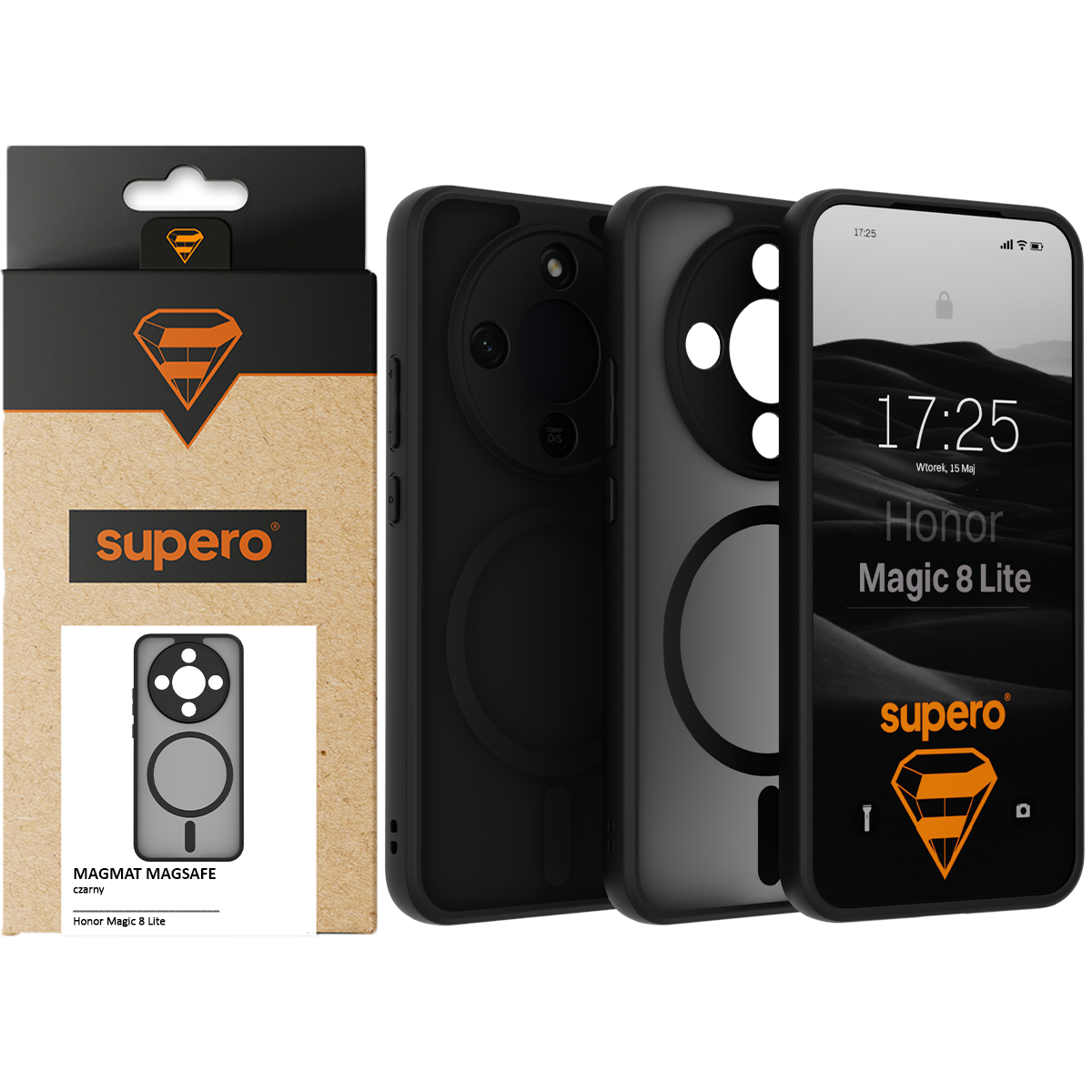 Na obrazie widoczne jest czarne etui do telefonu z okrągłym wycięciem na aparat oraz opakowanie z logo \'supero\'. Na ekranie telefonu widnieje napis \'Honor Magic 8 Lite\' oraz godzina 17:25.