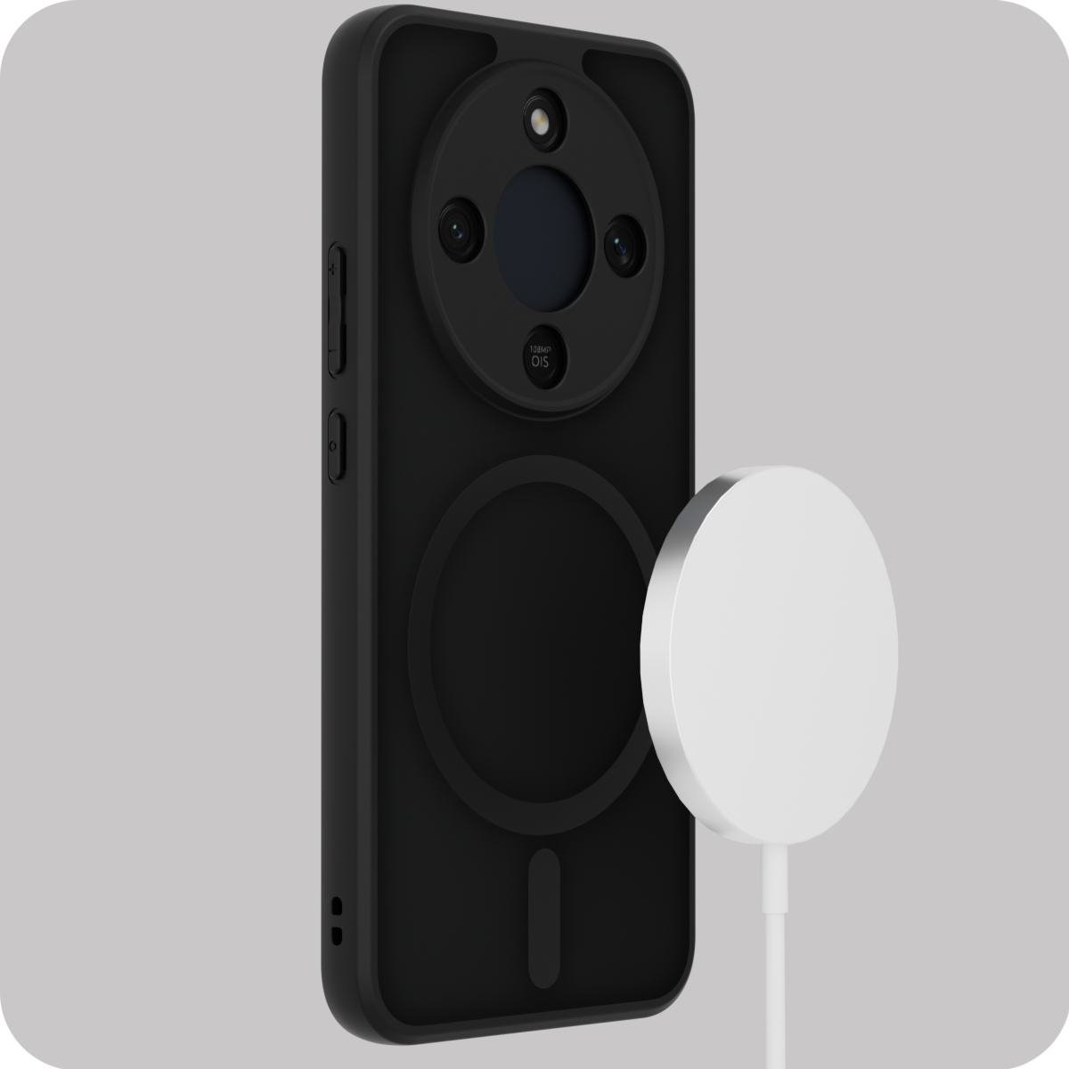 Czarne etui na telefon z okrągłym wycięciem na aparat i białym, okrągłym elementem magnetycznym z przodu. Na etui widoczny jest napis \'10MP OIS\'.