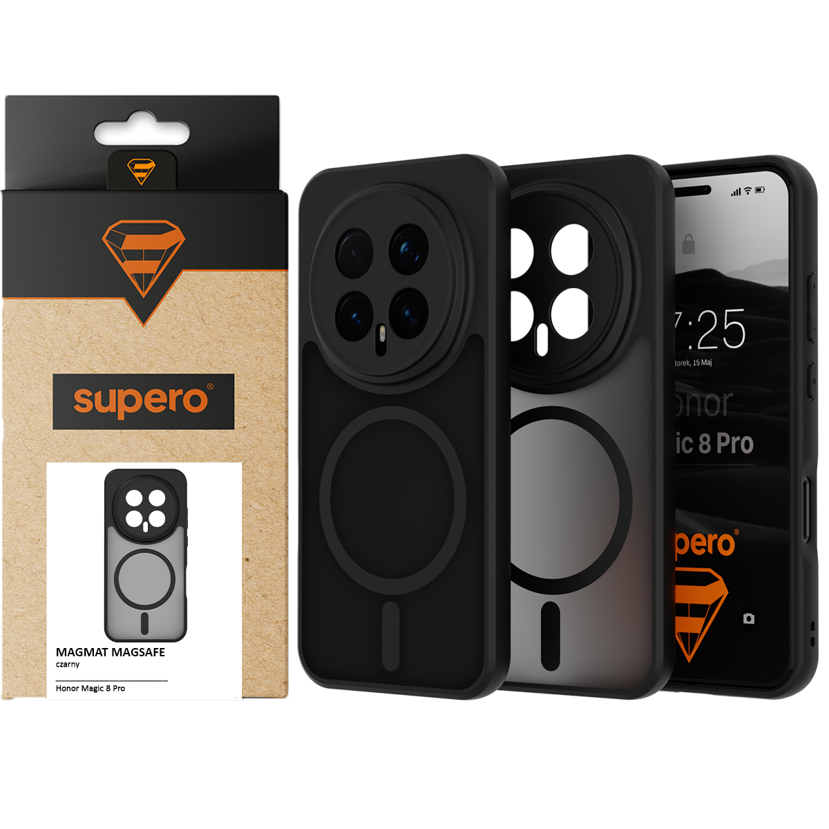 Na obrazie widoczne jest czarne etui do telefonu z okrągłym wycięciem na aparat oraz opakowanie z logo \'supero\'. Na ekranie telefonu widoczny jest tekst \'Honor Magic 8 Pro\'.