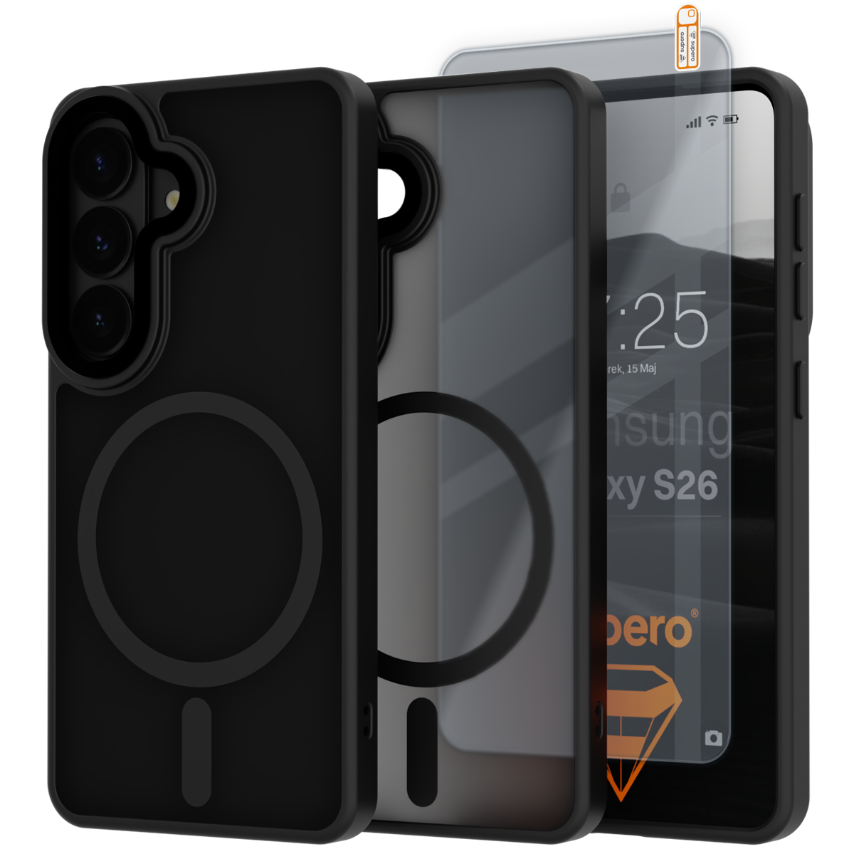 Obraz przedstawia czarne etui do telefonu Samsung Galaxy S26 z magnetycznym uchwytem oraz przezroczystą osłoną na ekran. Na ekranie widoczny jest tekst: \'Samsung Galaxy S26\'.