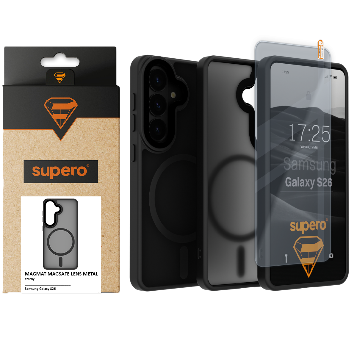 Na obrazie widoczne jest czarne etui do Samsung Galaxy S26 z magnetycznym uchwytem oraz szkłem ochronnym. Opakowanie produktu ma logo \'supero\' i napis \'MAGMAT MAGSAFE LENS METAL\'.