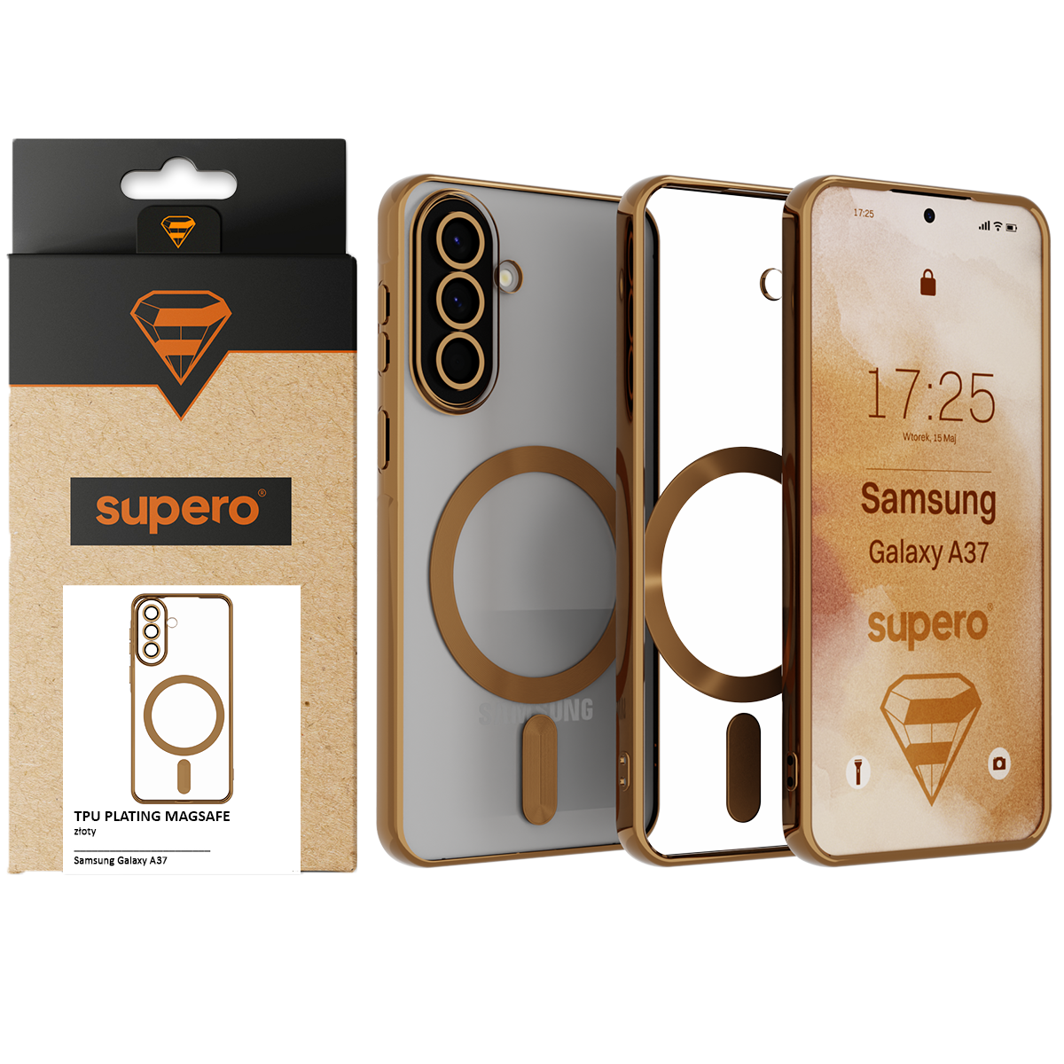 Obraz przedstawia etui do telefonu Samsung Galaxy A37 z wbudowanym MagSafe, w kolorze złotym. Na opakowaniu widoczne jest logo \'supero\' oraz napis \'TPU PLATING MAGSAFE\'.
