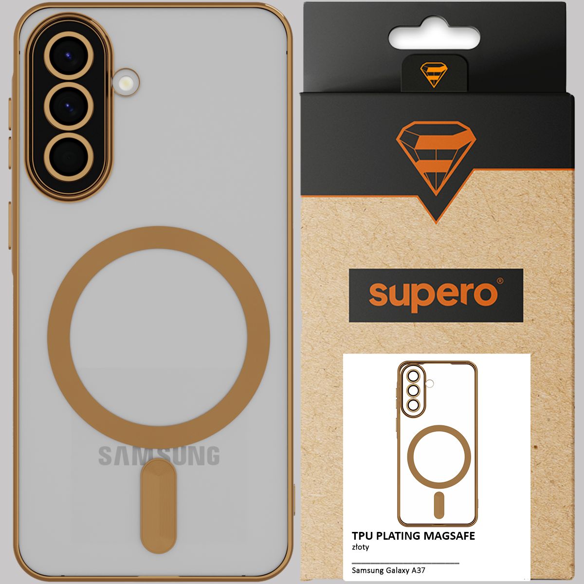 Obraz przedstawia przezroczyste etui z brązowym obramowaniem i wbudowanym pierścieniem MagSafe, obok znajduje się opakowanie z logo \'supero\'. Na opakowaniu widnieje napis \'TPU PLATING MAGSAFE złoty Samsung Galaxy A37\'.