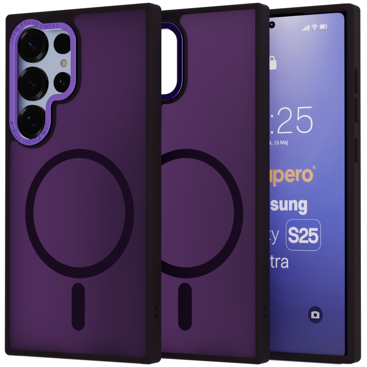 Na obrazie widoczne są dwa fioletowe etui na telefon z okrągłym wzorem, jedno z nich pokazuje wycięcie na aparat. Obok znajduje się ekran telefonu z wyświetlonym tekstem: \'supero Samsung S25 Ultra\'.