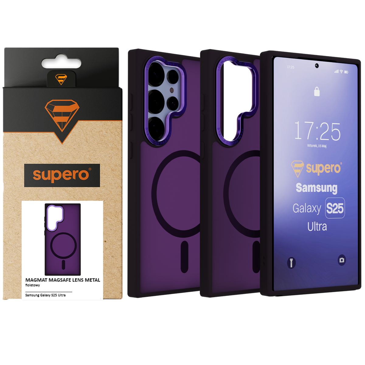 Fioletowe etui ochronne do Samsung Galaxy S25 Ultra z okrągłym wzorem, zaprezentowane obok opakowania z logo \'supero\'. Na ekranie telefonu widoczny jest napis \'supero Samsung Galaxy S25 Ultra\'.