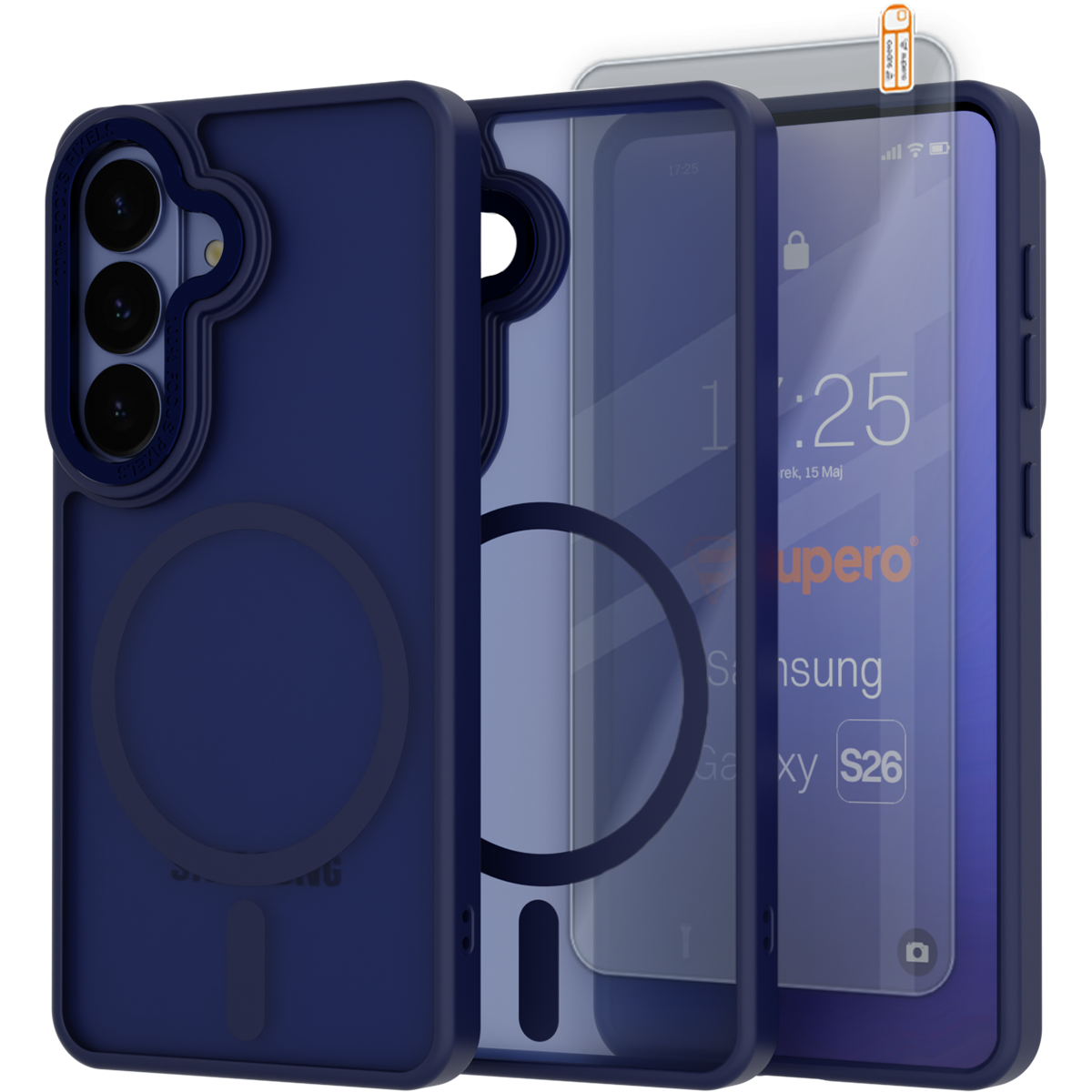 Na obrazie widoczne jest granatowe etui do telefonu z trzema otworami na aparat oraz przezroczysta osłona ekranu. Na ekranie telefonu widoczny jest tekst: \'Supero Samsung Galaxy S26\'.