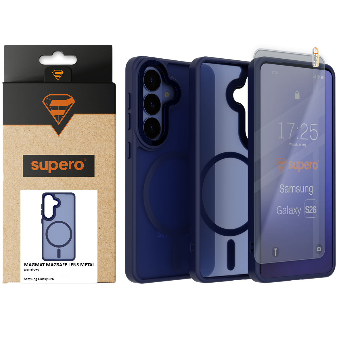 Na obrazie widoczne jest granatowe etui do Samsung Galaxy S26 z magnetycznym uchwytem oraz szkłem ochronnym. Obok znajduje się opakowanie z logo \'supero\' i napisem \'MAGMAT MAGSAFE LENS METAL\'.