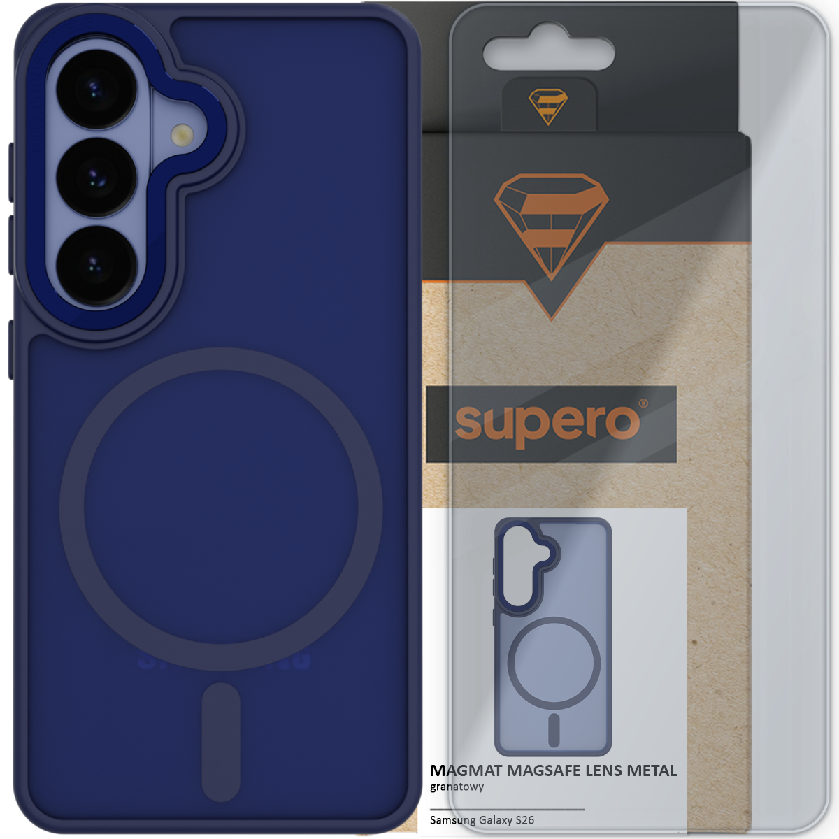 Na obrazie widoczne jest granatowe etui do telefonu z trzema otworami na aparat oraz okrągłym wzorem na środku. Obok znajduje się opakowanie z logo \'supero\' i napisem \'MAGMAT MAGSAFE LENS METAL, granatowy, Samsung Galaxy S26\'.