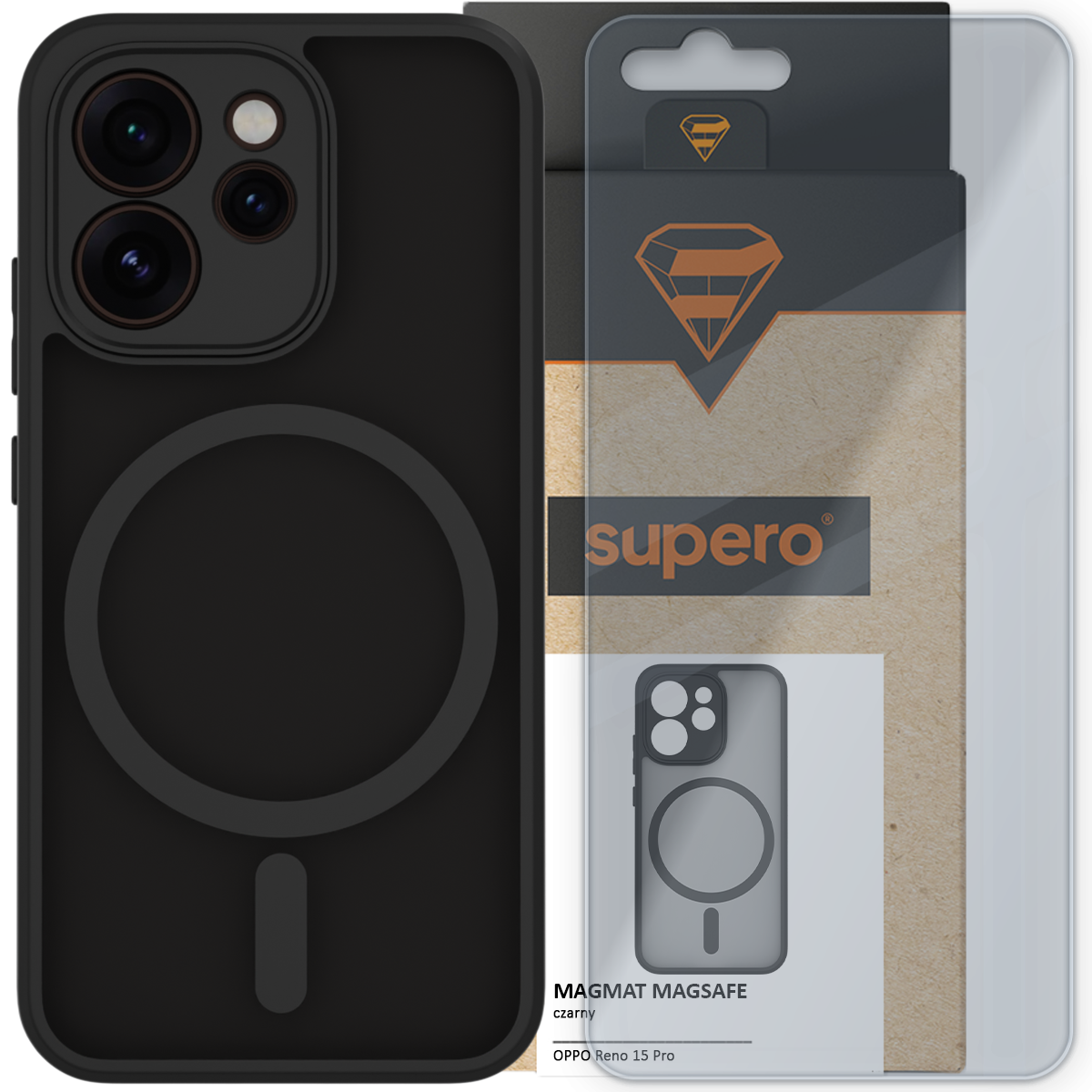 Czarne etui magnetyczne z okrągłym wzorem na tylnej części, obok opakowanie z logo \'supero\'. Na opakowaniu widoczny jest napis: \'MAGMAT MAGSAFE czarny OPPO Reno 15 Pro\'.
