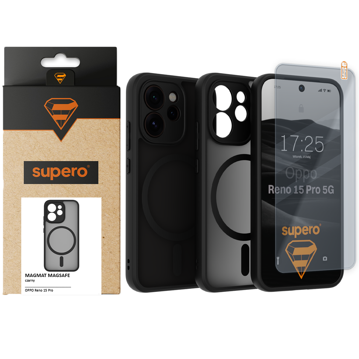Na obrazie widoczne jest czarne etui magnetyczne do OPPO Reno 15 Pro 5G oraz szkło ochronne, obok opakowania z logo \'supero\'.