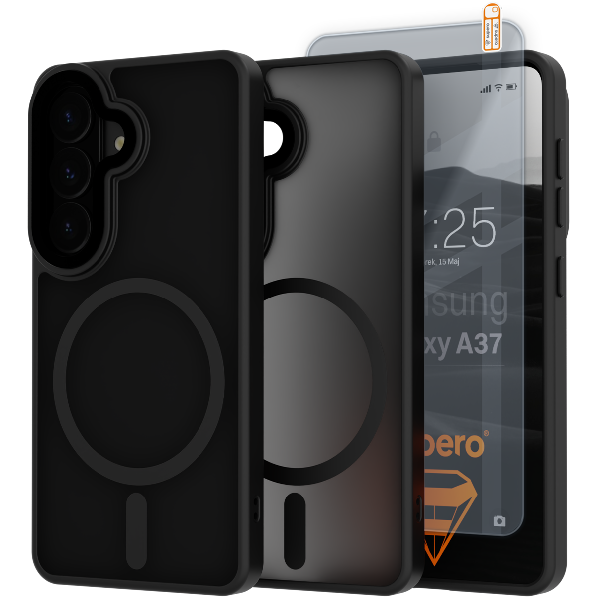 Na obrazie widoczne jest czarne, matowe etui do telefonu z okrągłym wzorem, obok którego znajduje się szkło hartowane. Na ekranie telefonu widoczny jest tekst: \'Samsung Galaxy A37\'.