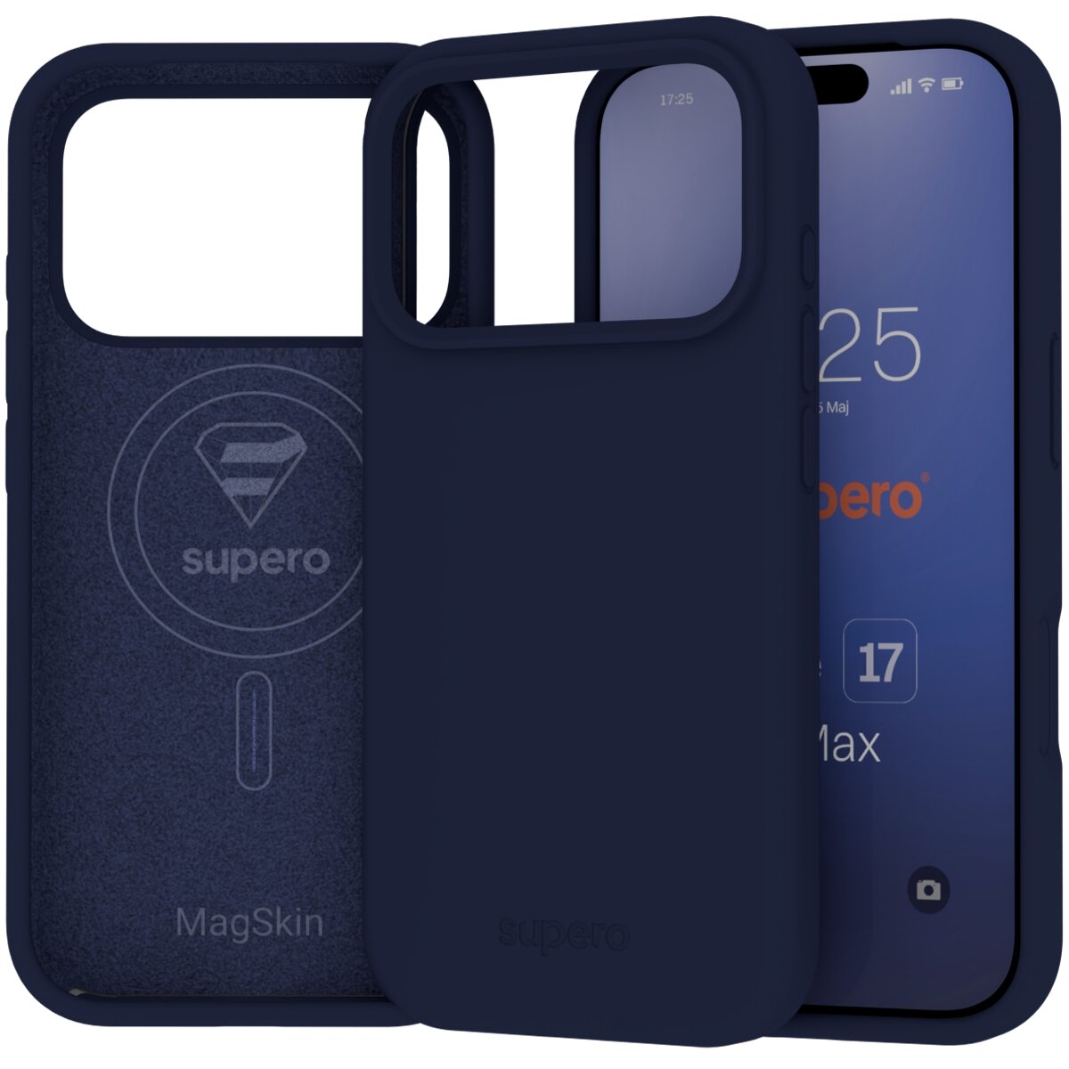 Na obrazie widoczne jest ciemnoniebieskie etui na telefon z wycięciem na aparat. Wewnątrz etui znajduje się logo \'supero\' oraz napis \'MagSkin\'.