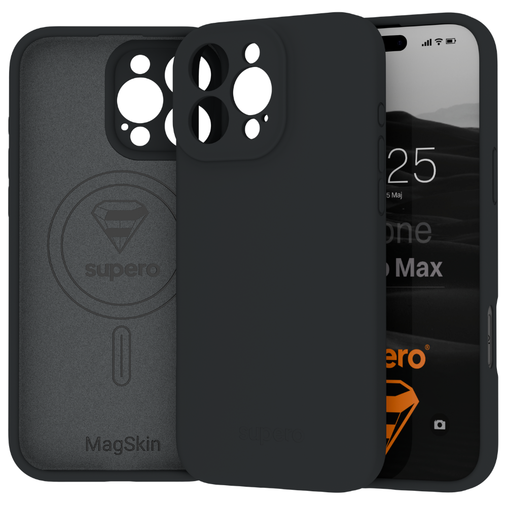 Czarne etui silikonowe z wycięciami na aparat i logo \'supero\' oraz \'MagSkin\' na wewnętrznej stronie. Na ekranie telefonu widoczny jest napis \'iPhone 16 Pro Max\' oraz data \'5 Maj\'.