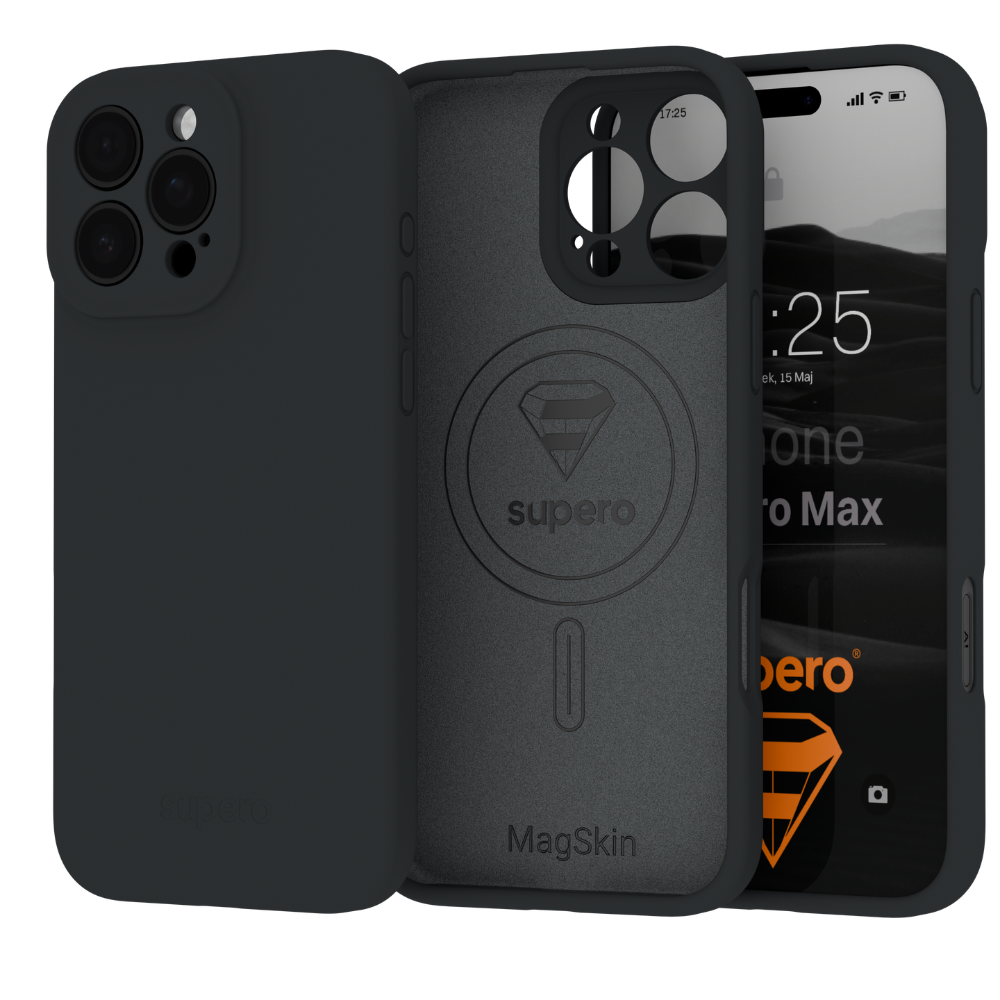 Na obrazie widoczne są trzy czarne etui na telefon, z czego jedno pokazuje wnętrze z logo \'supero\' i napisem \'MagSkin\'. Na ekranie telefonu widać godzinę 17:25 i datę \'Poniedziałek, 15 Maj\'.