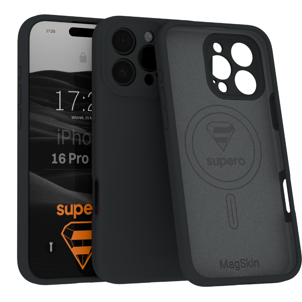 Na obrazie widoczne są dwa czarne etui na telefon, jedno z nich jest założone na urządzenie, a drugie pokazuje wnętrze z logo \'supero\' i napisem \'MagSkin\'. Na ekranie telefonu widoczny jest tekst: \'17:25, Wtorek, 15 Marca, iPhone 16 Pro\'.
