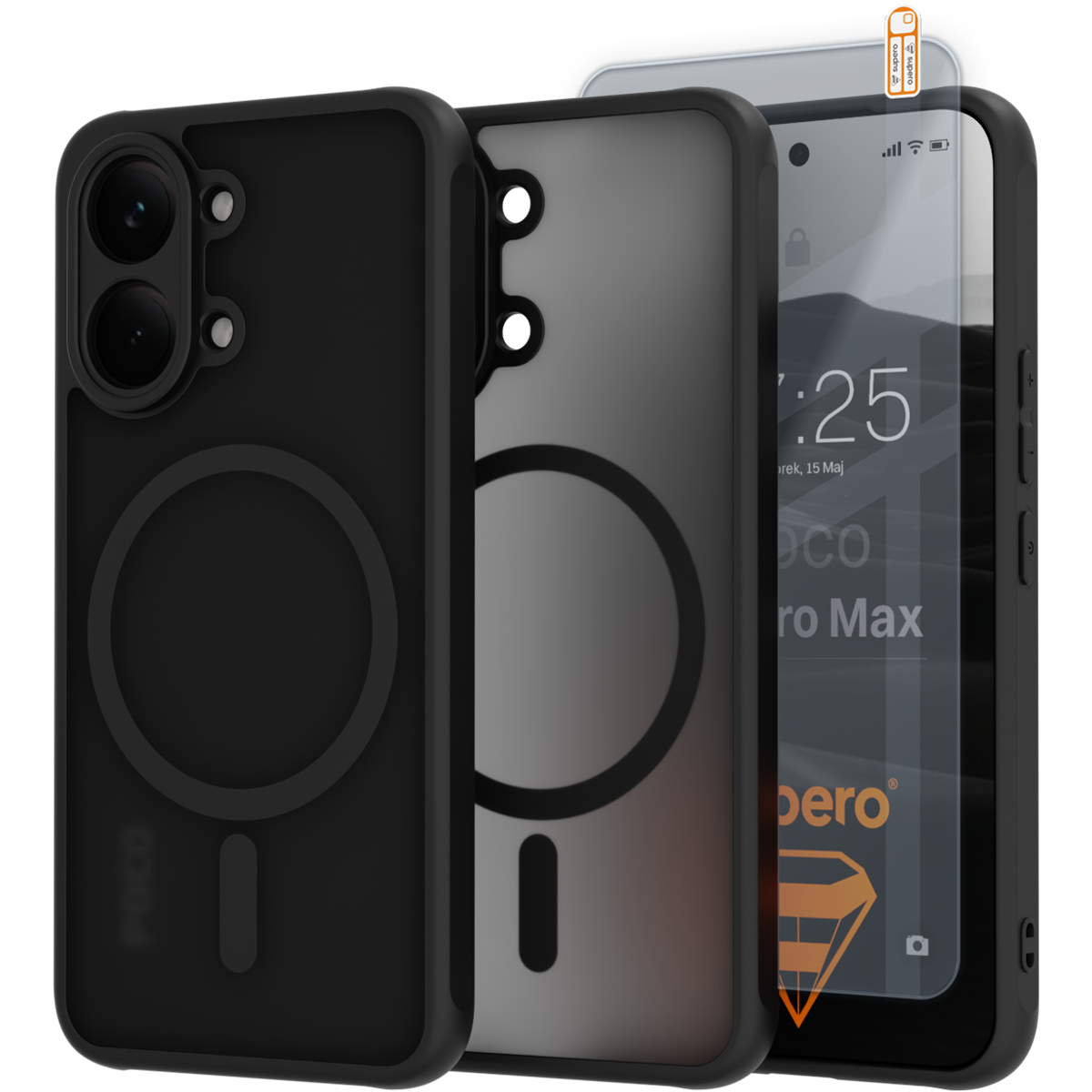 Obraz przedstawia czarne etui na telefon z okrągłym wzorem, obok którego znajduje się szkło hartowane z widocznym napisem \'Poco X8 Pro Max\'.