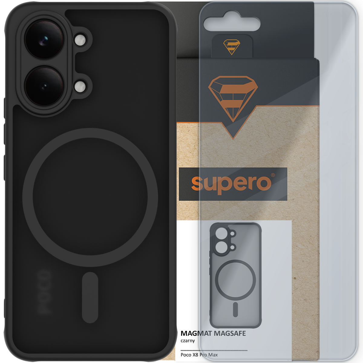 Czarne etui z okrągłym wzorem na tylnej części, przeznaczone do Poco X8 Pro Max, z widocznym logo \'supero\' na opakowaniu. Obok znajduje się szkło hartowane 9H w przezroczystym opakowaniu.
