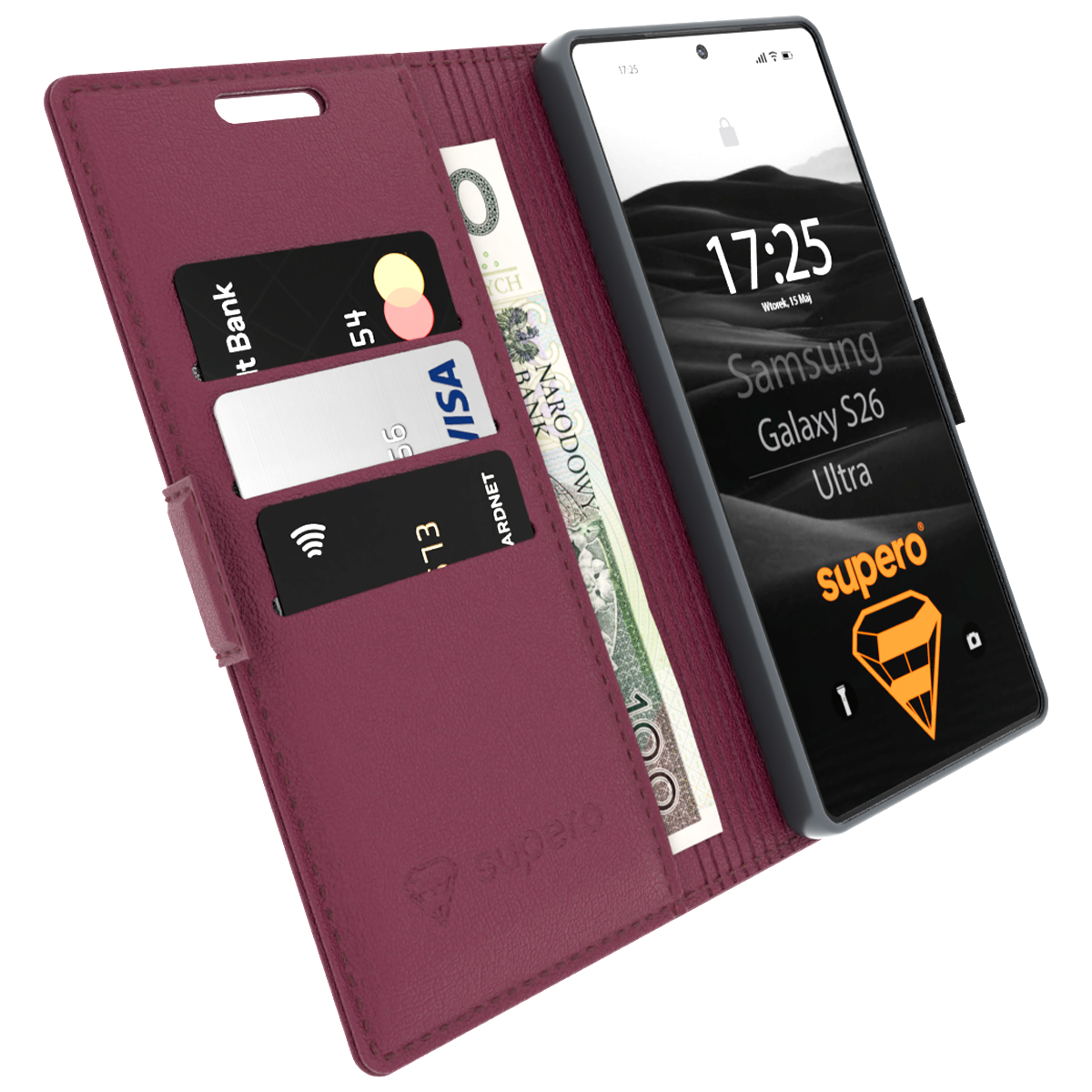 Etui z klapką w kolorze bordowym, z miejscem na karty i banknoty, obok smartfon z wyświetlaczem pokazującym godzinę 17:25 i napis \'Samsung Galaxy S26 Ultra\'. Widoczne logo \'supero\' na ekranie telefonu i etui.