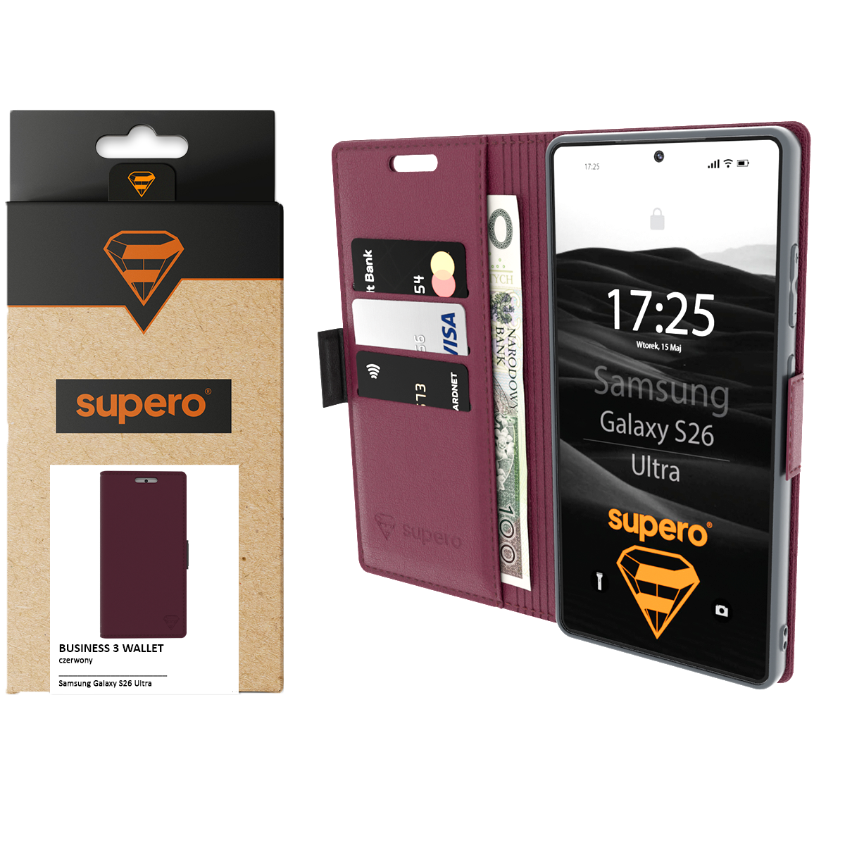 Na obrazie widoczne jest etui z klapką w kolorze bordowym, przeznaczone do telefonu Samsung Galaxy S26 Ultra, z miejscem na karty i banknoty. Obok znajduje się opakowanie z logo \'supero\' i napisem \'BUSINESS 3 WALLET czerwony\'.