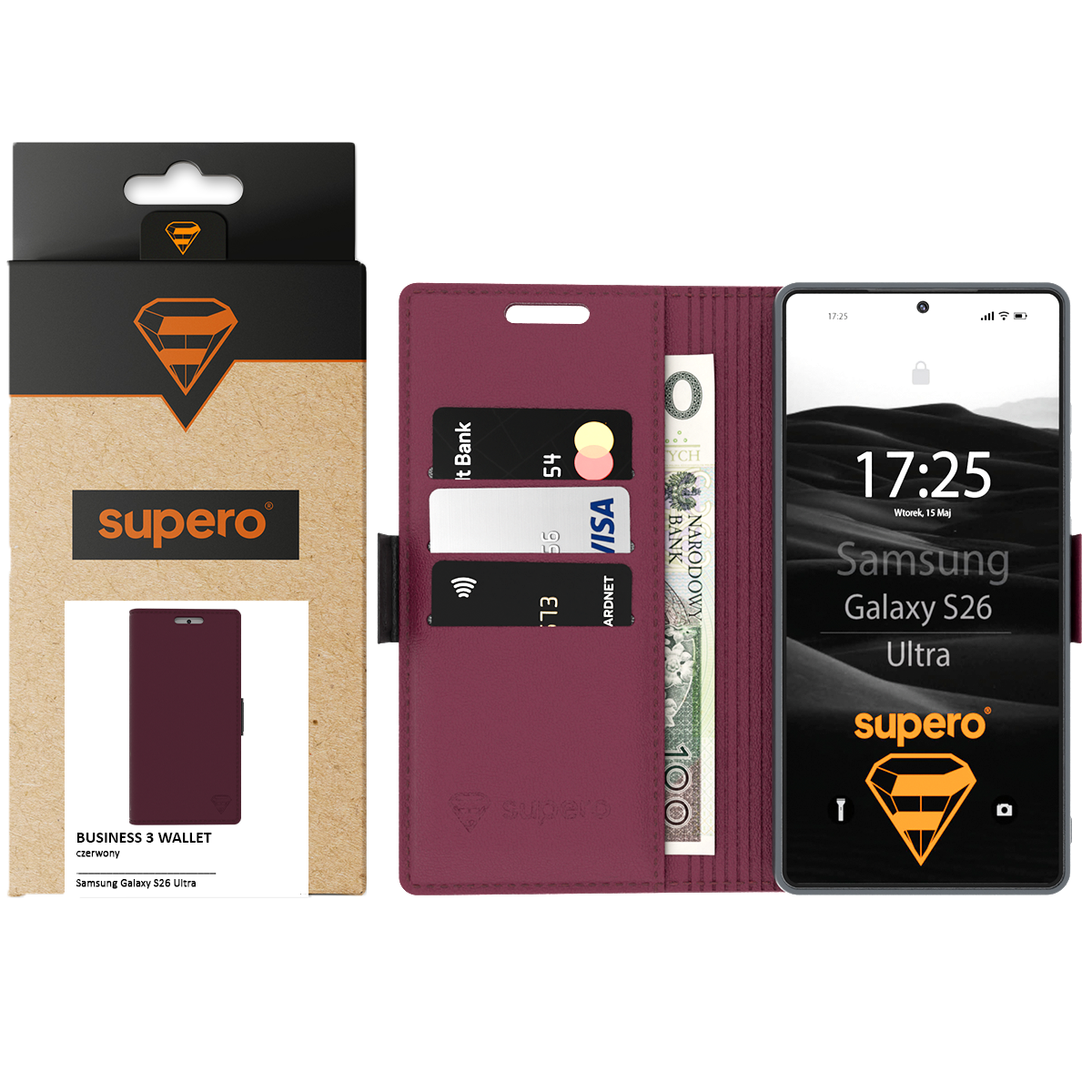 Na obrazie widoczne jest etui z klapką w kolorze bordowym, które pełni funkcję portfela z miejscem na karty i banknoty. Obok znajduje się telefon z wyświetlaczem pokazującym godzinę 17:25 i napis \'Samsung Galaxy S26 Ultra\', a na opakowaniu widnieje logo \'supero\'.