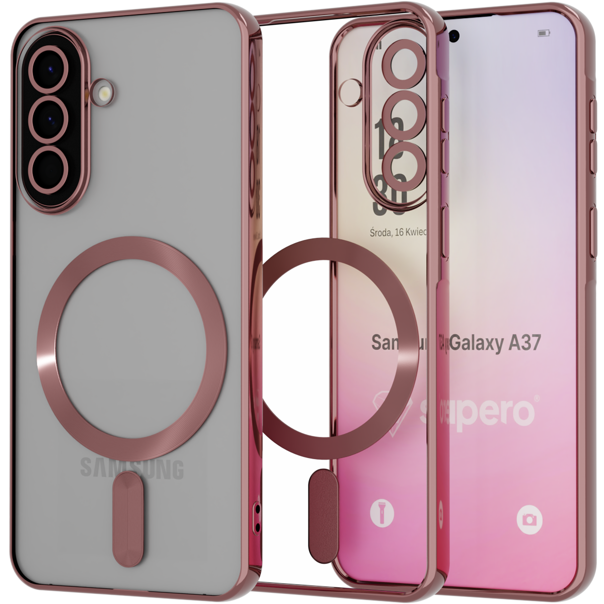 Obraz przedstawia przezroczyste etui do telefonu z różowymi krawędziami i wbudowanym pierścieniem MagSafe. Na ekranie telefonu widoczny jest tekst: \'Samsung Galaxy A37\'.