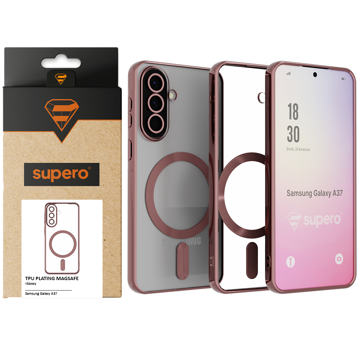 Etui do Samsung Galaxy A37 z wbudowanym MagSafe, w kolorze różowym, prezentowane obok opakowania z logo \'supero\'. Na ekranie telefonu widoczny jest tekst: \'18:30, Środa, 16 Kwietnia, Samsung Galaxy A37\'.
