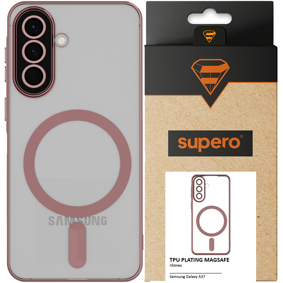 Obraz przedstawia przezroczyste etui na telefon z różowym obramowaniem i okręgiem MagSafe. Obok znajduje się opakowanie z logo \'supero\' i grafiką etui, z napisem \'TPU PLATING MAGSAFE różowy Samsung Galaxy A37\'.