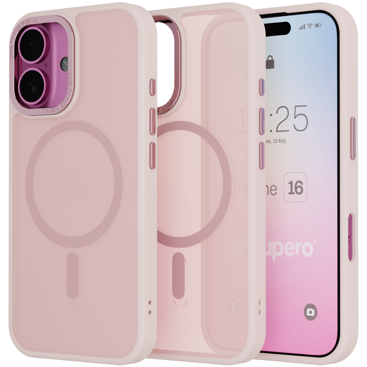 Na obrazie widoczne są trzy różowe etui do telefonu z okrągłym wzorem na środku, przeznaczone do iPhone 16. Na ekranie telefonu widoczny jest tekst: \'1:25, Wt, 15 Maj, iPhone 16\'.