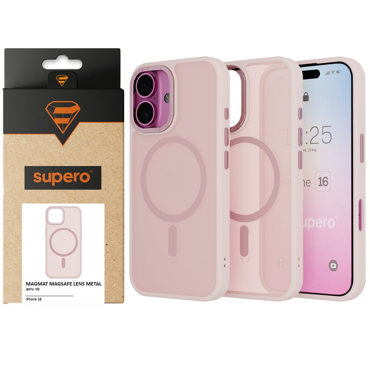 Obraz przedstawia matowe etui w kolorze jasnoróżowym do iPhone 16 z widocznym okrągłym wzorem na środku, przeznaczone do MagSafe. Obok znajduje się opakowanie z logo \'supero\' i napisem \'MAGMAT MAGSAFE LENS METAL jasny róż iPhone 16\'.