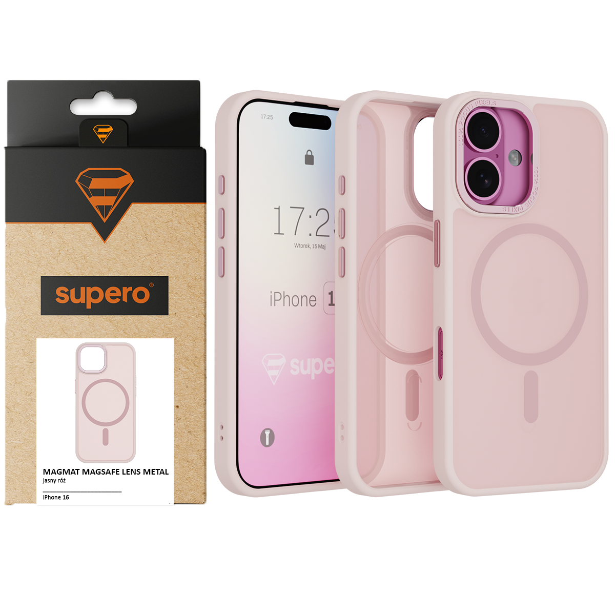 Na obrazie widoczne jest różowe, matowe etui do iPhone 16 z funkcją MagSafe, obok którego znajduje się opakowanie z logo \'supero\'.