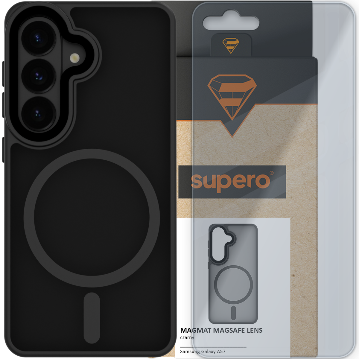 Czarne matowe etui z wbudowanym MagSafe i szkłem hartowanym, przeznaczone do Samsung Galaxy A57. Opakowanie z logo \'supero\' i grafiką przedstawiającą etui.