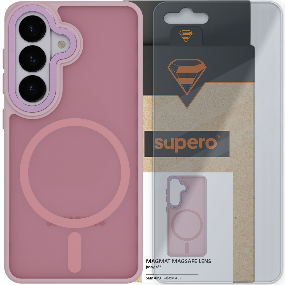 Różowe etui do telefonu z okrągłym wzorem MagSafe i trzema wycięciami na aparat. Opakowanie z logo \'supero\' i napisem \'MAGMAT MAGSAFE LENS jasny róż Samsung Galaxy A37\'.