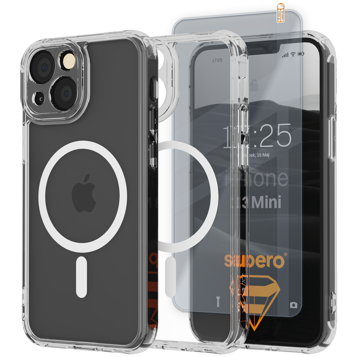 Obraz przedstawia przezroczyste etui magnetyczne z białym okręgiem na iPhone 13 Mini oraz szkło ochronne. Na ekranie telefonu widoczny jest tekst: \'11:25, Wtorek, 15 Maj, iPhone 13 Mini\'.