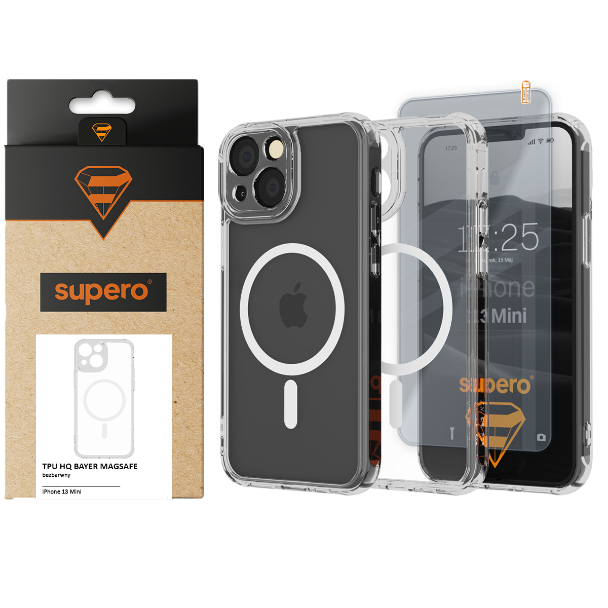 Obraz przedstawia przezroczyste etui magnetyczne do iPhone 13 Mini z widocznym logo w kształcie jabłka oraz opakowanie z napisem \'supero\'.