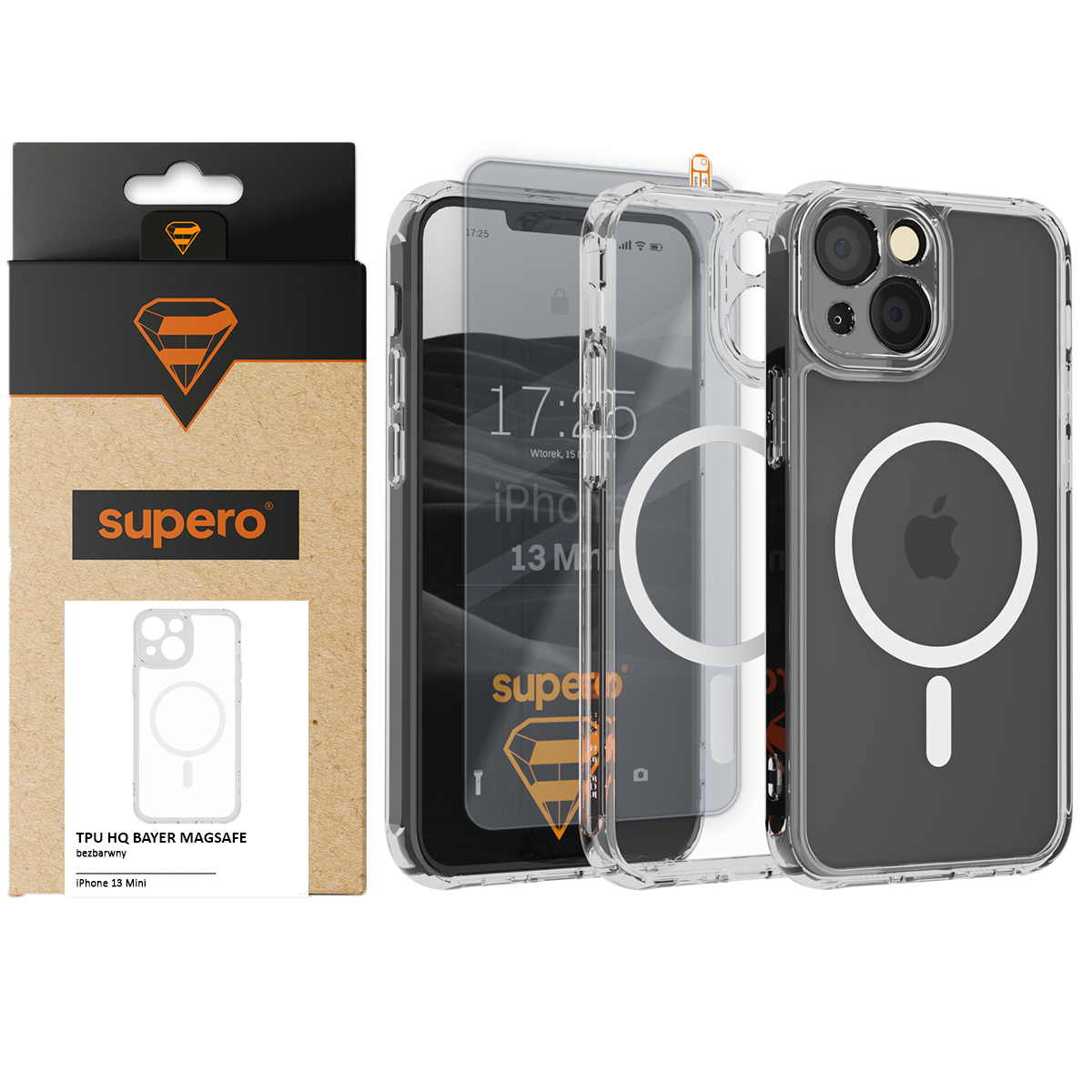 Obraz przedstawia przezroczyste etui magnetyczne do iPhone 13 Mini z widocznym logo w kształcie jabłka oraz okręgiem MagSafe. Obok znajduje się opakowanie z napisem \'supero\' i grafiką etui.