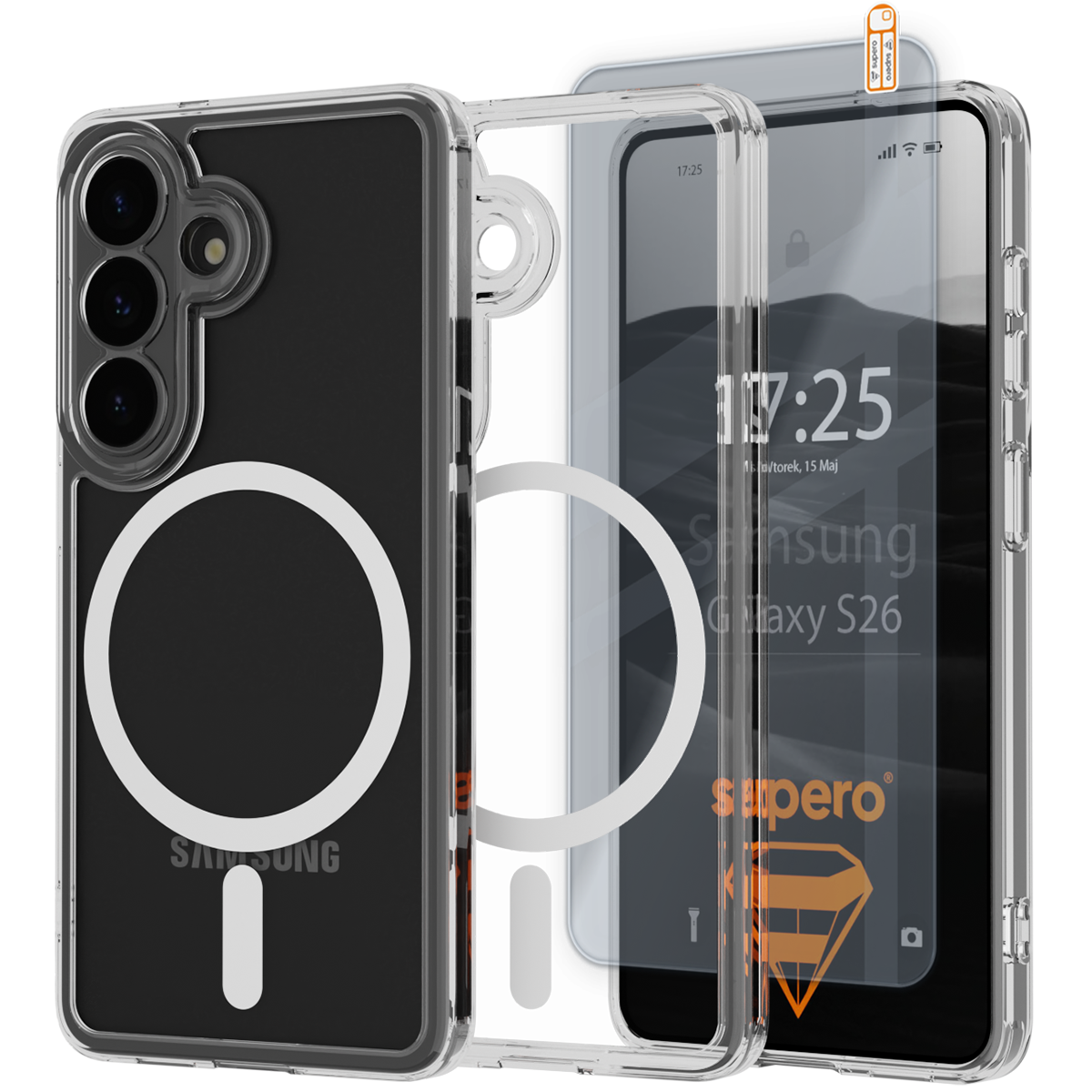 Przezroczyste etui z białym okręgiem i miejscem na aparat, obok telefonu Samsung Galaxy S26 z widocznym ekranem. Na ekranie widoczny jest tekst: \'17:25, Wtorek, 15 Maj, Samsung Galaxy S26\', a na etui logo \'supreo\'.