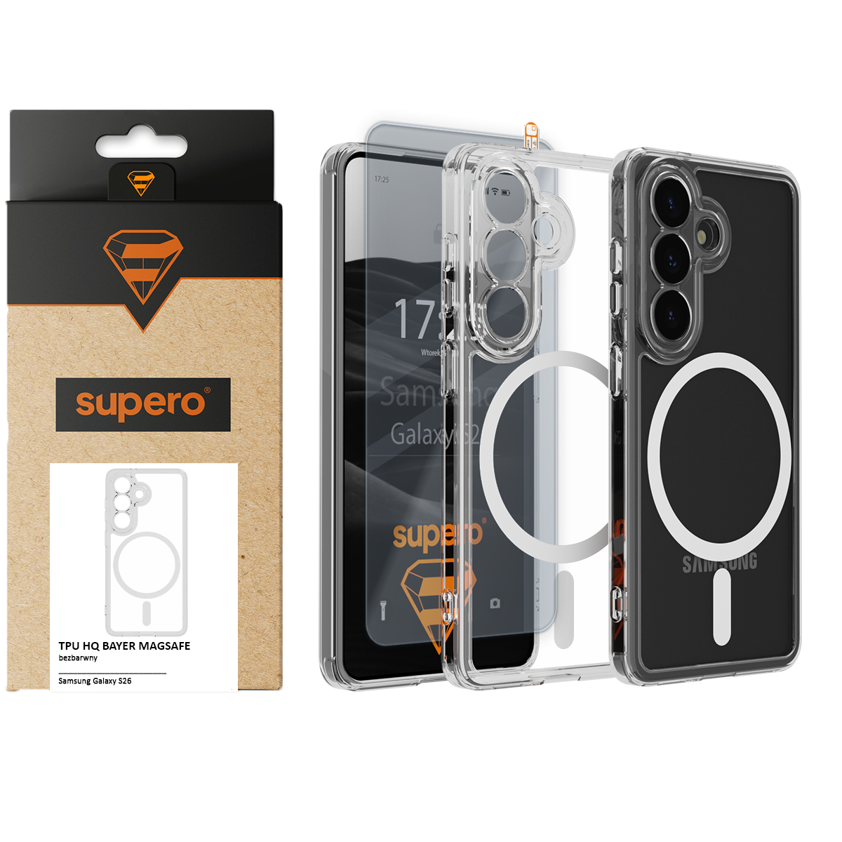 Obraz przedstawia przezroczyste etui na telefon z trzema otworami na aparaty oraz białym okręgiem na tylnej części. Obok znajduje się opakowanie z logo \'supero\' i napisem \'TPU HQ BAYER MAGSAFE bezbarwny Samsung Galaxy S26\'.