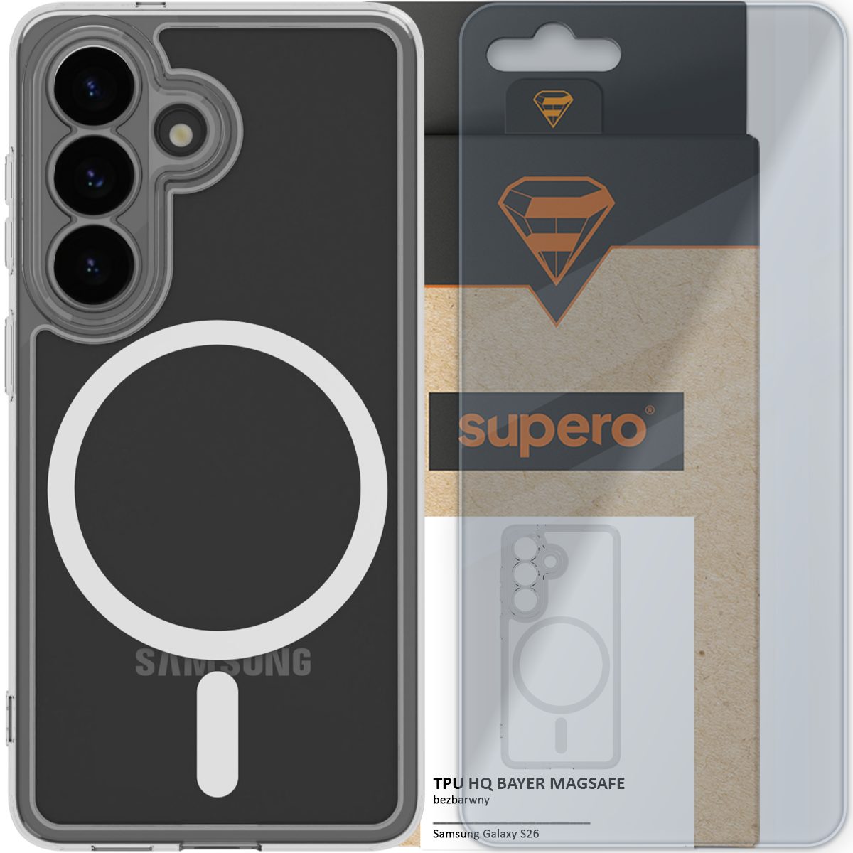 Obraz przedstawia czarne etui na telefon z trzema otworami na aparat i białym okręgiem na środku. W tle widoczne jest opakowanie z logo \'supero\' oraz tekstem \'TPU HQ BAYER MAGSAFE bezbarwny Samsung Galaxy S26\'.