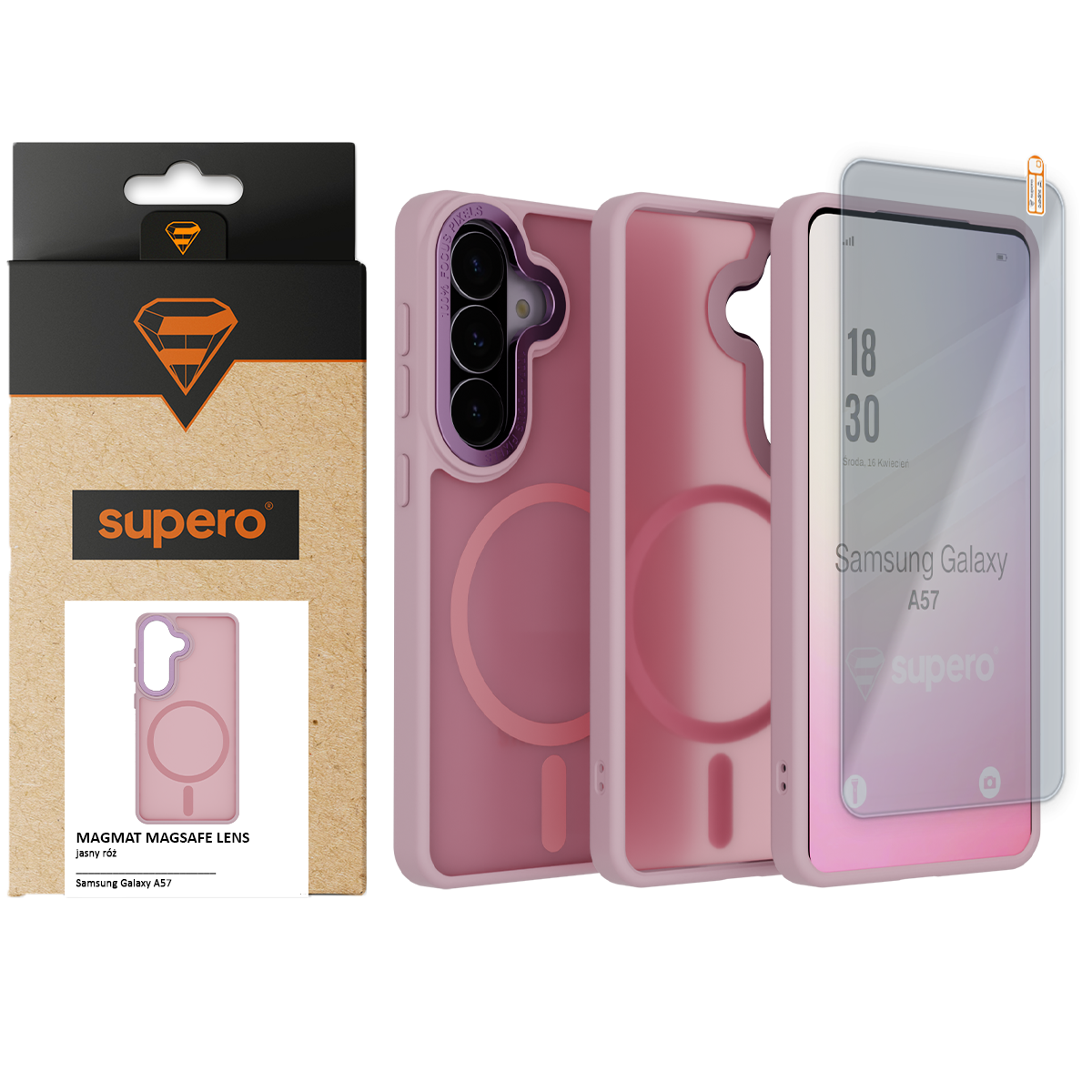 Na obrazie widoczne jest różowe etui do telefonu Samsung Galaxy A57 z wbudowanym MagSafe oraz szkłem hartowanym. Obok znajduje się opakowanie z logo \'supero\' i napisem \'MAGMAT MAGSAFE LENS jasny róż\'.