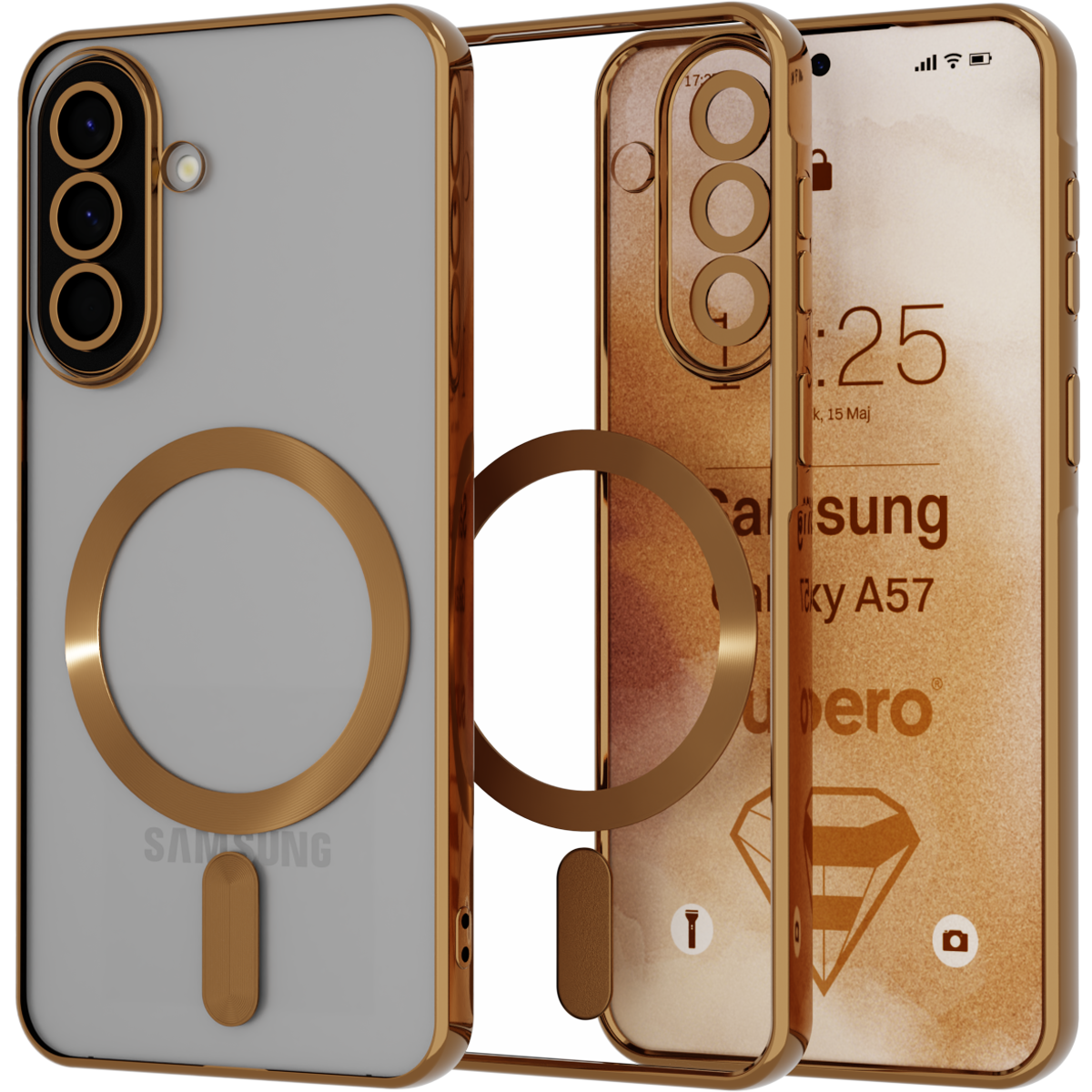 Etui do telefonu z wbudowanym MagSafe, w kolorze złotym, przeznaczone dla Samsung Galaxy A57. Na ekranie telefonu widoczny jest tekst: \'Samsung Galaxy A57\'.