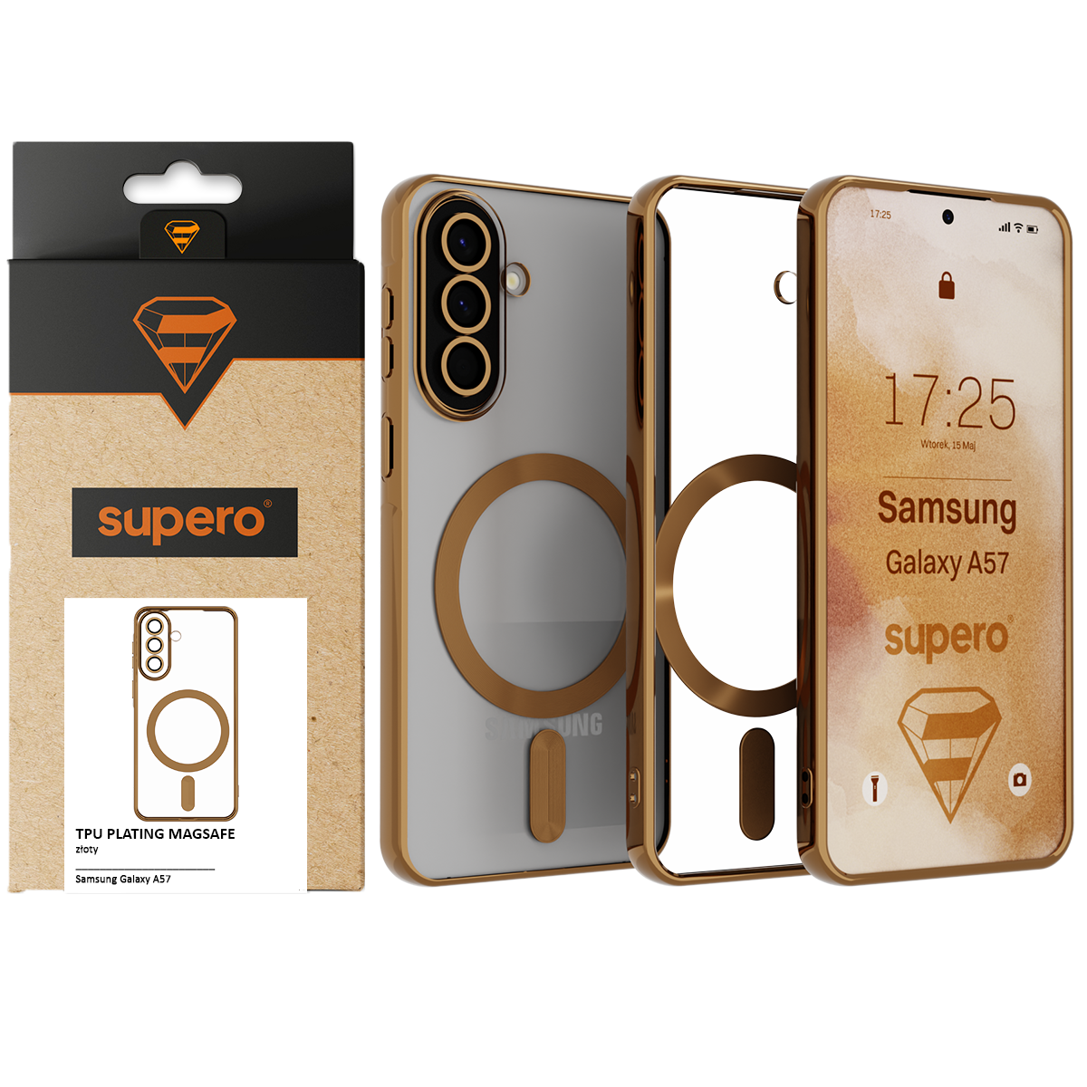 Na obrazie widoczne jest przezroczyste etui do telefonu z brązowymi elementami, przeznaczone dla Samsung Galaxy A57, z wbudowanym MagSafe. Obok znajduje się opakowanie z logo \'supero\' i napisem \'TPU PLATING MAGSAFE złoty\'.