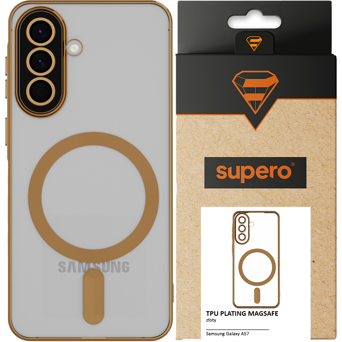 Etui do telefonu z przezroczystym tyłem i złotymi akcentami wokół aparatu oraz wbudowanym MagSafe. Opakowanie z logo \'supero\' i grafiką przedstawiającą etui.