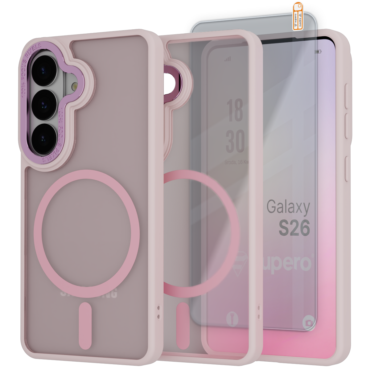 Obraz przedstawia różowe etui do telefonu z trzema otworami na aparaty oraz szkło ochronne z napisem \'Galaxy S26\'.