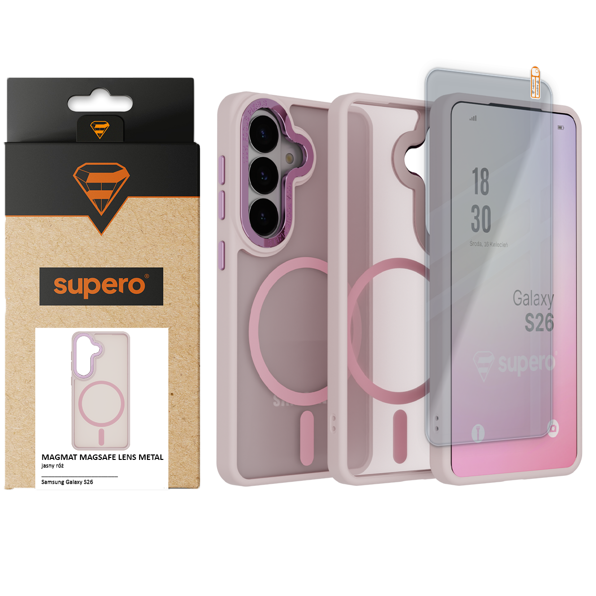Na obrazie widoczne jest etui do telefonu Samsung Galaxy S26 w kolorze jasnoróżowym z magnetycznym uchwytem oraz szkłem ochronnym. Obok znajduje się opakowanie z logo \'supero\' i napisem \'MAGMAT MAGSAFE LENS METAL jasny róż\'.