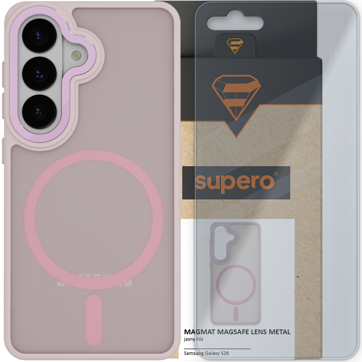 Etui do Samsung Galaxy S26 w kolorze jasnoróżowym z magnetycznym pierścieniem, widoczne na tle opakowania z logo \'supero\'. Na opakowaniu napis: \'MAGMAT MAGSAFE LENS METAL jasny róż Samsung Galaxy S26\'.