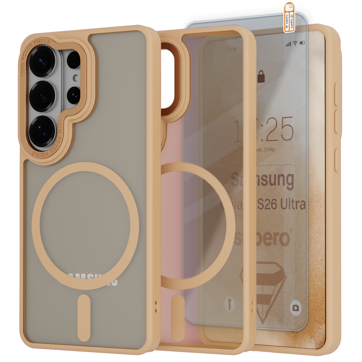 Obraz przedstawia magnetyczne etui do Samsung Galaxy S26 Ultra w kolorze beżowym z okrągłym wzorem na plecach. Obok etui znajduje się szkło ochronne na ekran.
