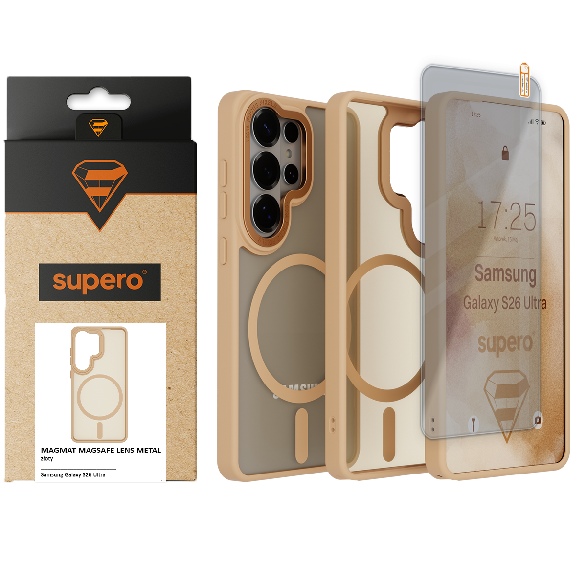 Na obrazie widoczne jest etui do telefonu Samsung Galaxy S26 Ultra w kolorze złotym z okrągłym wzorem na plecach oraz szkło ochronne. Obok znajduje się opakowanie z logo \'supero\' i napisem \'MAGMAT MAGSAFE LENS METAL złoty\'.
