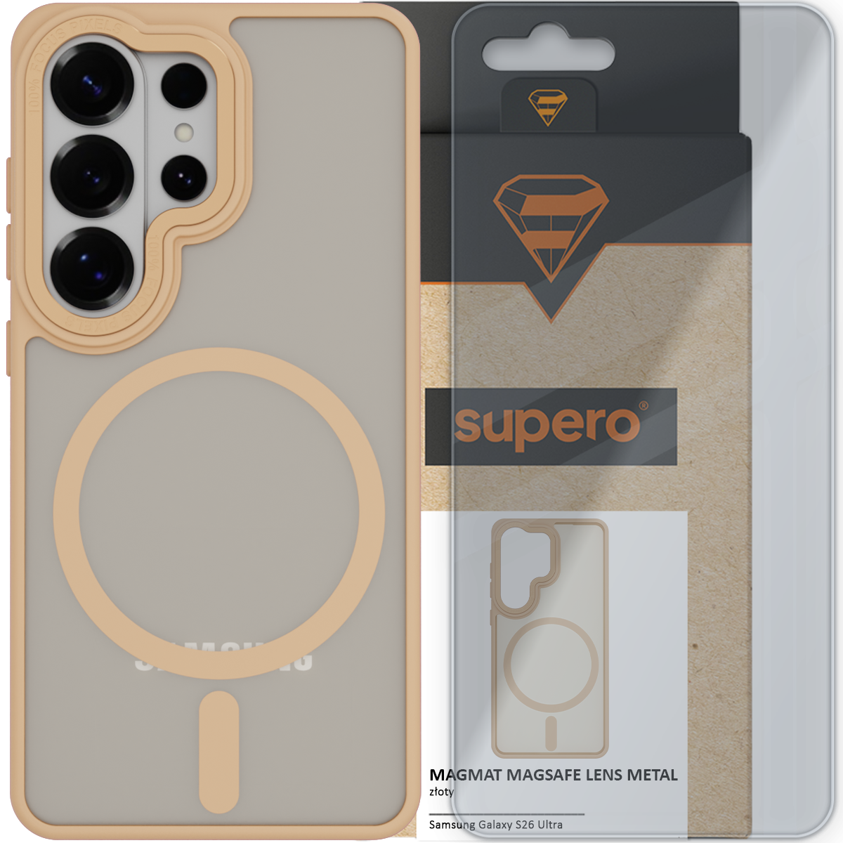 Obraz przedstawia etui do telefonu z widocznym okrągłym wzorem i wycięciem na aparat. Obok znajduje się opakowanie z logo \'supero\' i napisem \'MAGMAT MAGSAFE LENS METAL złoty Samsung Galaxy S26 Ultra\'.